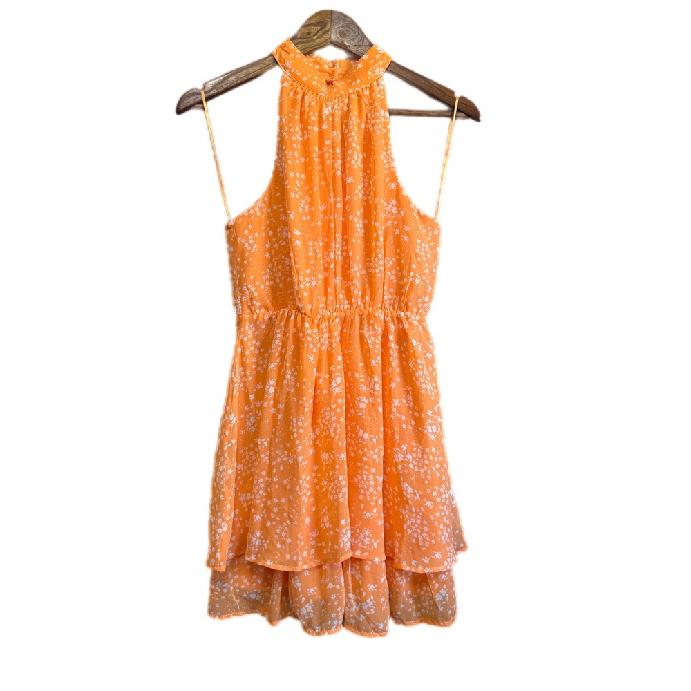 Sienna Sky‎ Floral Halter Dress Womens Small Orange Excellent Tiered Ruffle Boho